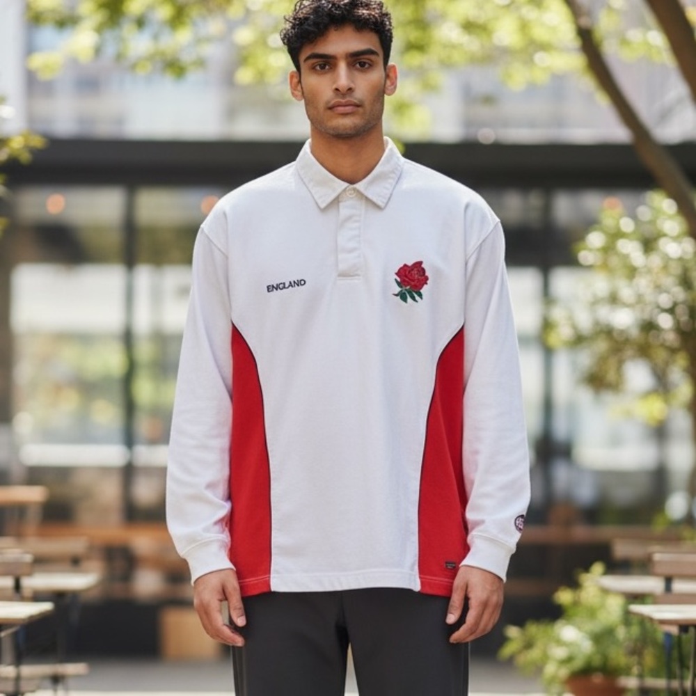 England White Red Rose Long Sleeve Cotton Blend Rugby Shirt Size L